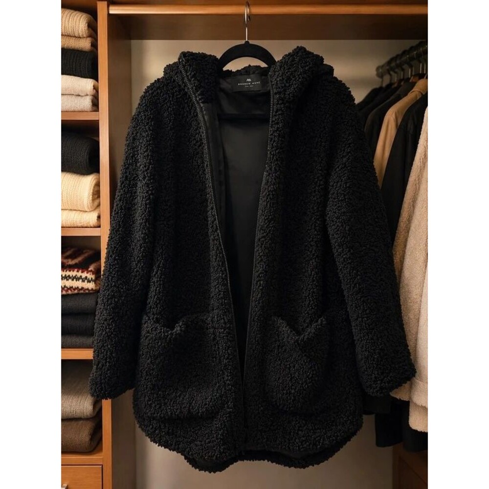 Andrew Marc Black Hooded Teddy Sherpa Jacket | XS